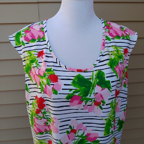 Merona Bright Floral Print Blouse Tropical White Striped Pink Green Plus - Picture 3 of 10